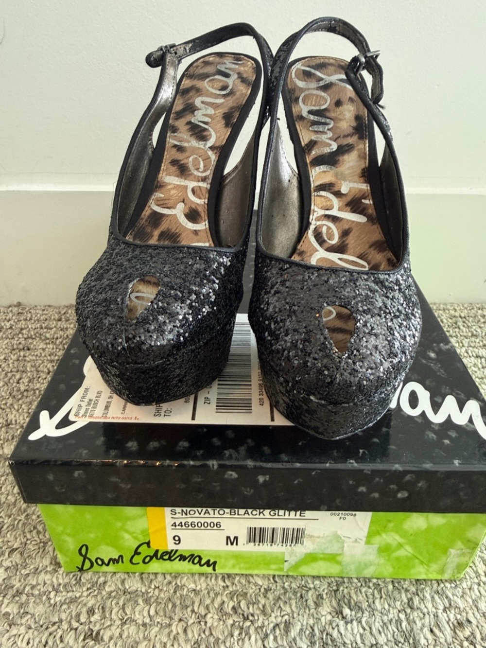 Sam Edelman Black Glitter Platform Slingback Peep-Toe Heels